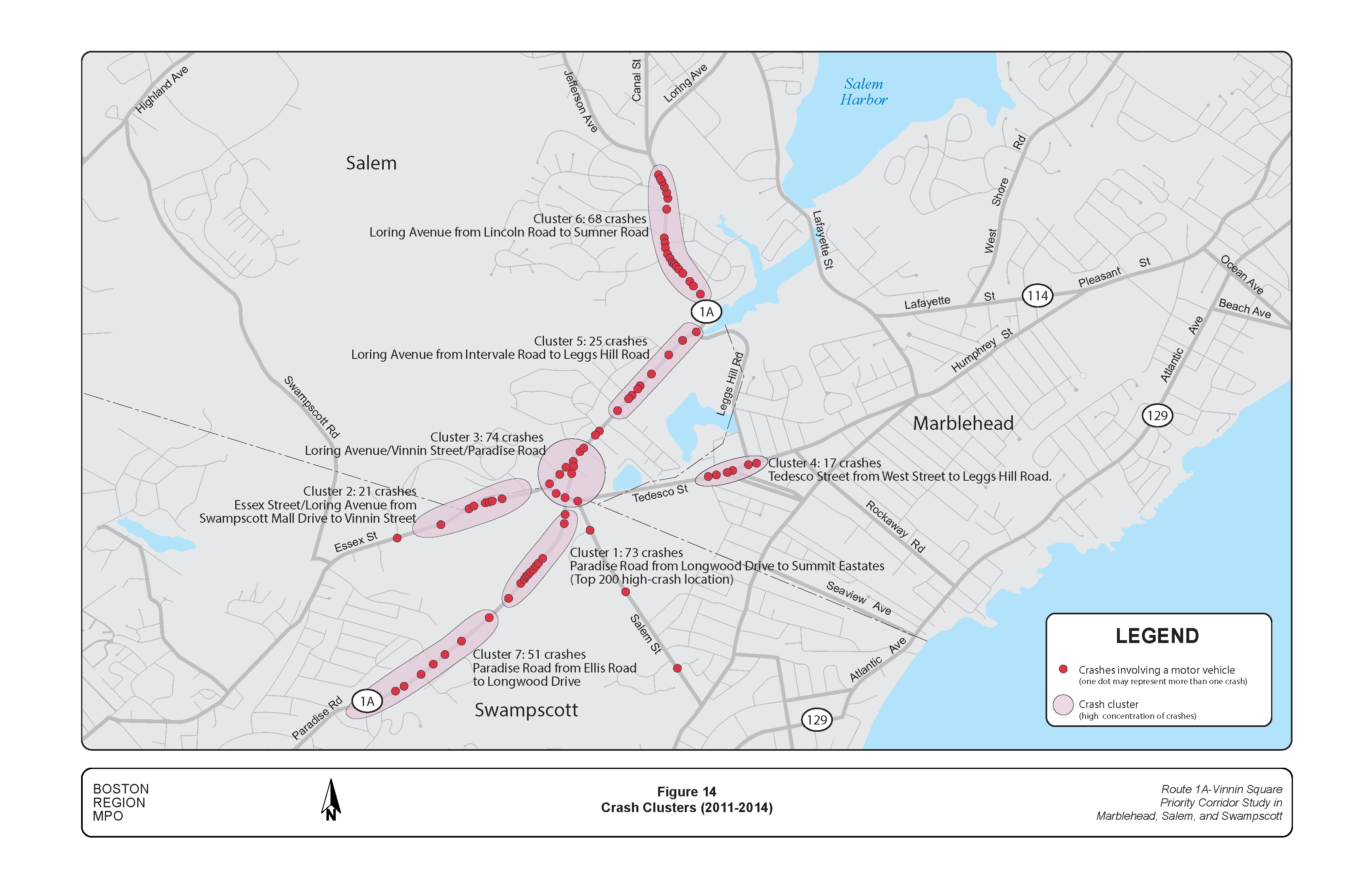 FIGURE 14. Crash Clusters (2011-2014).Figure 14 is a map of the study area showing crash clusters. The crashes occurred between 2011 and 2014.